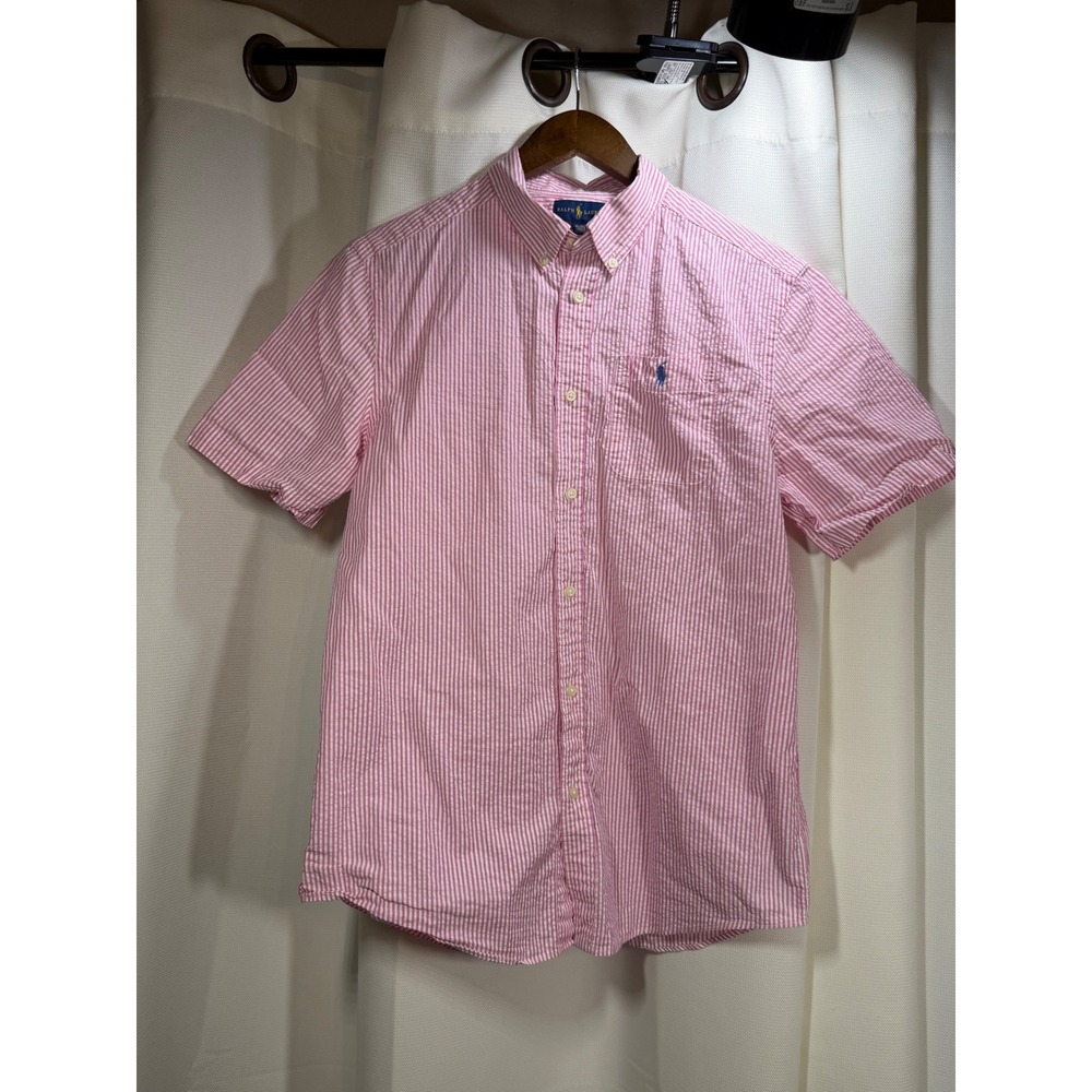 Ralph Lauren Boys XL 18-20 Pink White Seersucker Stripe Short Sleeve Button Down